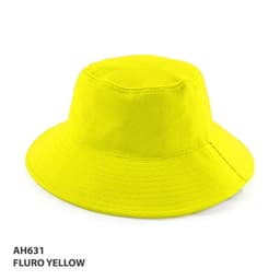 A fluro yellow PQ Mesh Bucket Hat with a round brim and textured fabric. Features a logo on the side.