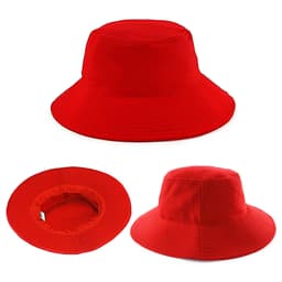 A red PQ Mesh Bucket Hat with a wide brim and a breathable design; features a logo.