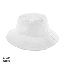 A white PQ Mesh Bucket Hat featuring a wide brim and a logo on the side.