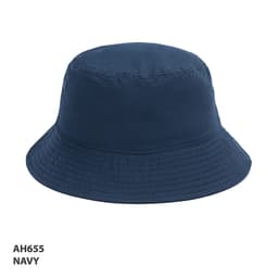A navy bucket hat made from premium RPET material, featuring a round crown and wide brim. It has a logo.