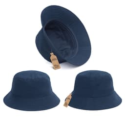 A navy blue bucket hat with a wide brim and a logo tag attached. Multiple angles displayed.
