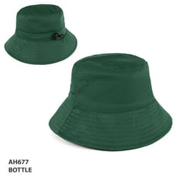 A green bucket hat with a round brim and an adjustable toggle. It features a logo on the side.