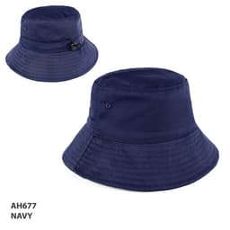 A navy blue bucket hat with a wide brim and a drawstring. Features a logo on the side.