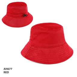 A red bucket hat featuring a structured brim, adjustable drawstring, and a logo on the side.