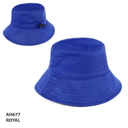 A blue bucket hat with a wide brim, featuring a logo and adjustable string.