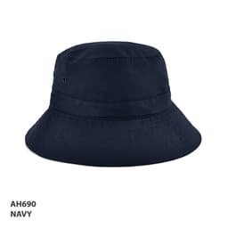A navy bucket hat with a wide brim and a logo, made from polyviscose material.