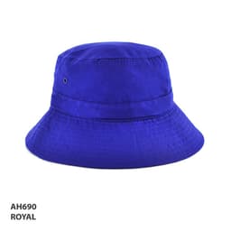 A royal blue bucket hat featuring a wide brim and a logo. Perfect for casual outdoor wear.