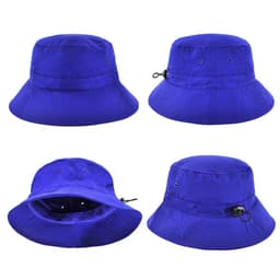 A vibrant blue polyviscose bucket hat featuring multiple angles and a drawstring for adjustment, with a logo present.