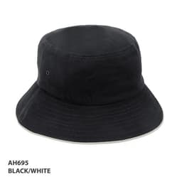 A black bucket hat with a white band at the base, featuring a logo on the side.