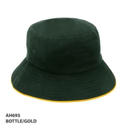 A bottle green bucket hat with a gold trim and an attached logo.