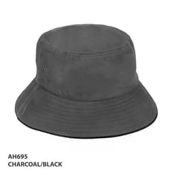 A charcoal and black bucket hat with a wide brim and metal eyelets, featuring a branding logo.