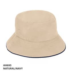 A natural and navy bucket hat with a wide brim and a single logo.