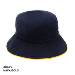 A navy bucket hat with a gold trim and an inner logo on the side. Suitable for outdoor wear.