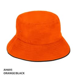 An orange and black bucket hat with a wide brim, featuring a logo on the side.