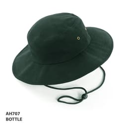 A green bucket hat with a wide brim and adjustable chin strap, featuring eyelets on the sides.