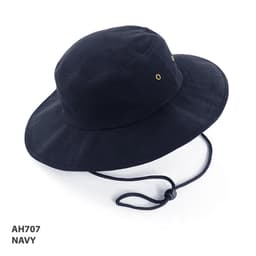 A navy bucket hat with a wide brim, featuring eyelets and an adjustable chin strap.