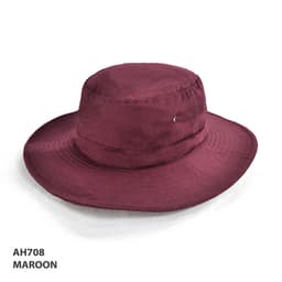 A maroon Polyviscose School Hat with a wide brim and a smooth texture, featuring a logo.