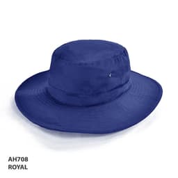 A royal blue Polyviscose school hat with a wide brim, featuring a small logo.