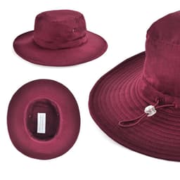 A burgundy polyviscose bucket hat with a wide brim, featuring an adjustable toggle and a logo.