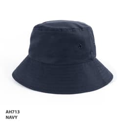 A navy polycotton school bucket hat with a wide brim and ventilation eyelets, featuring a logo.