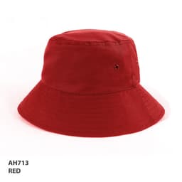 A red polycotton bucket hat featuring a wide brim and ventilation eyelets, with a small logo detail.