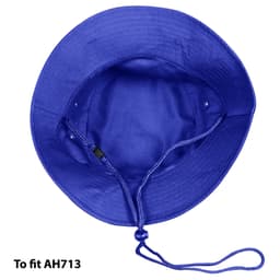 A blue bucket hat with a drawstring toggle, featuring an interior lining and ventilation eyelets.