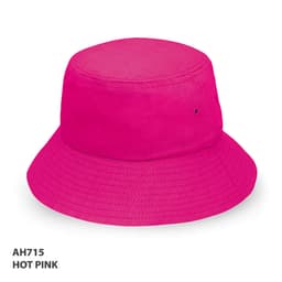 A hot pink bucket hat with a wide brim and a logo.