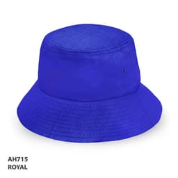 A royal blue bucket hat featuring a wide brim and a logo. Ideal for casual headwear.