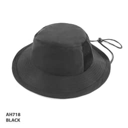 A black microfibre bucket hat featuring a mesh panel and adjustable drawstring. Includes a logo.