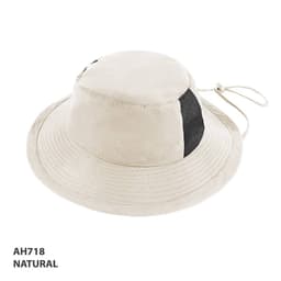 A natural-coloured microfibre surf hat with a flexible brim and adjustable chin strap, featuring mesh panels.