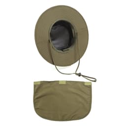 An olive green outdoor hat with a wide brim and a detachable neck flap. It features an internal mesh lining and has a logo.