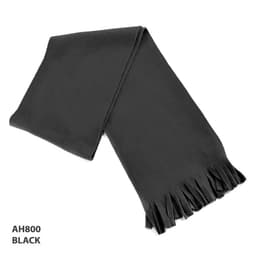 A black fleece scarf with fringed edges, featuring a logo on the side.