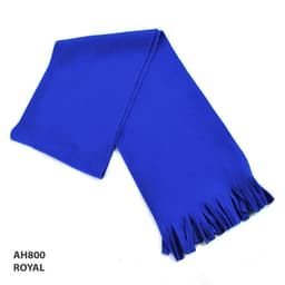 A royal blue scarf with fringed edges, made from soft fabric and featuring a logo.