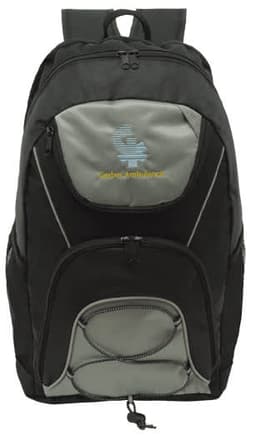 A black and grey backpack with a logo, featuring multiple compartments and adjustable straps.