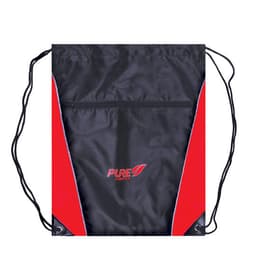 A black and red drawstring bag features a zippered pocket and a logo.
