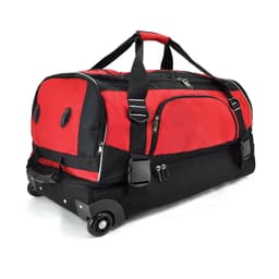 A wheeled travel bag in red and black, featuring multiple compartments and zippers, with a logo on the side.