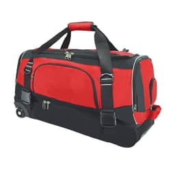 A wheeled travel bag featuring a red and black design, with a sturdy handle and zippers. It has a logo on the side.