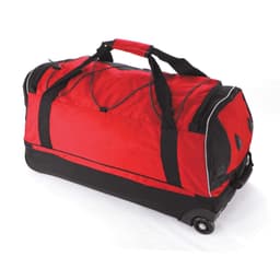 A red wheeled travel bag with black accents, featuring dual handles and a sturdy wheel base.