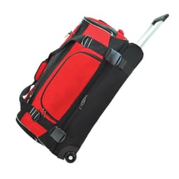 A wheeled travel bag in red and black with multiple compartments and a retractable handle. It features a logo.