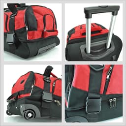 A wheeled bag in red and black with zippers and a retractable handle, featuring sturdy wheels for easy transport.