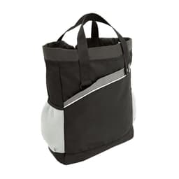 A black tote bag with a grey stripe and mesh side pockets, featuring sturdy handles and a backpack strap.