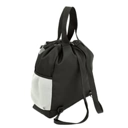 A black tote bag with a backpack strap, featuring a mesh panel and sturdy handles. It has a logo.
