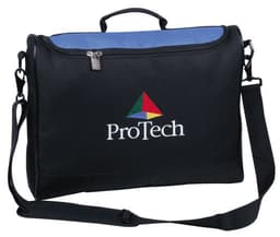 A black conference bag with a blue interior, featuring a logo on the front and a detachable shoulder strap.