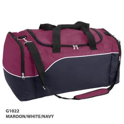 A duffle bag in maroon, white, and navy, featuring dual handles and an adjustable shoulder strap. It has a logo.
