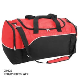 A red, white, and black duffle bag with dual handles and a detachable shoulder strap, featuring a logo.