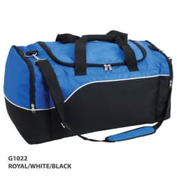 A duffle bag in royal blue, white, and black with two handles and a detachable shoulder strap, featuring a logo.