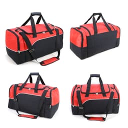 A black and red duffle bag with dual handles, a shoulder strap, and a logo. The bag features zippered compartments.