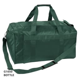 A green duffle bag with multiple compartments, carrying handles, and a shoulder strap. It has a logo.