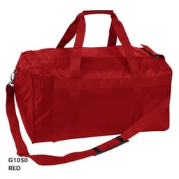 A red duffle bag featuring snug handles, an adjustable strap, and a logo on the side.