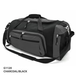 A charcoal and black duffle bag with multiple zippered pockets and a shoulder strap. It features a logo.